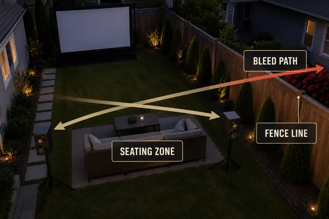 Backyard movie speaker diagram showing sound aimed past the seating zone toward a neighbor fence.