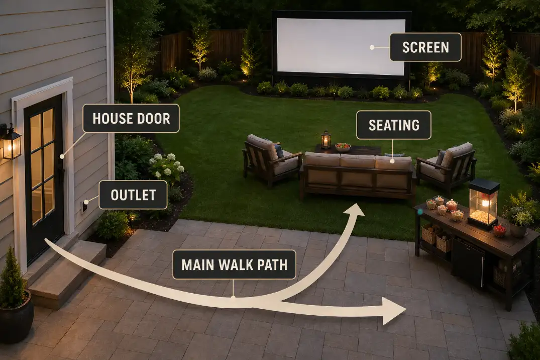 Overhead patio diagram showing the main walking path between the house door, seating, screen, and outlet before routing AV cables.
