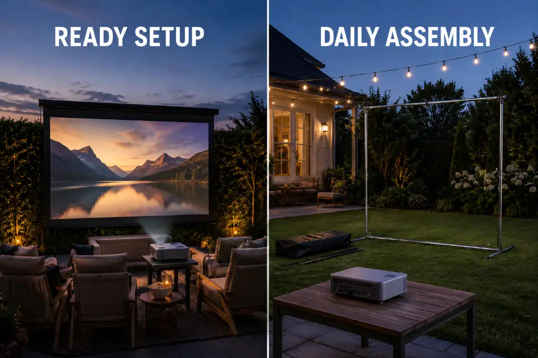 Fixed-frame screen ready for movie night beside a portable screen that requires daily assembly.