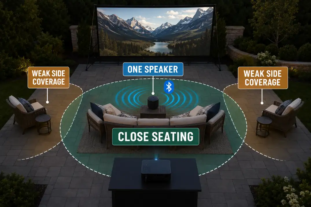 One Bluetooth speaker works near close seating but leaves side chairs with weaker backyard movie sound coverage.