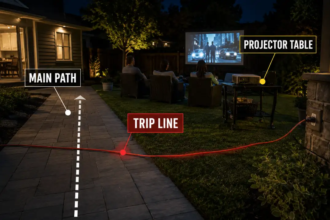 Backyard movie projector cord crossing the main walking path and creating a visible trip hazard near the projector table.