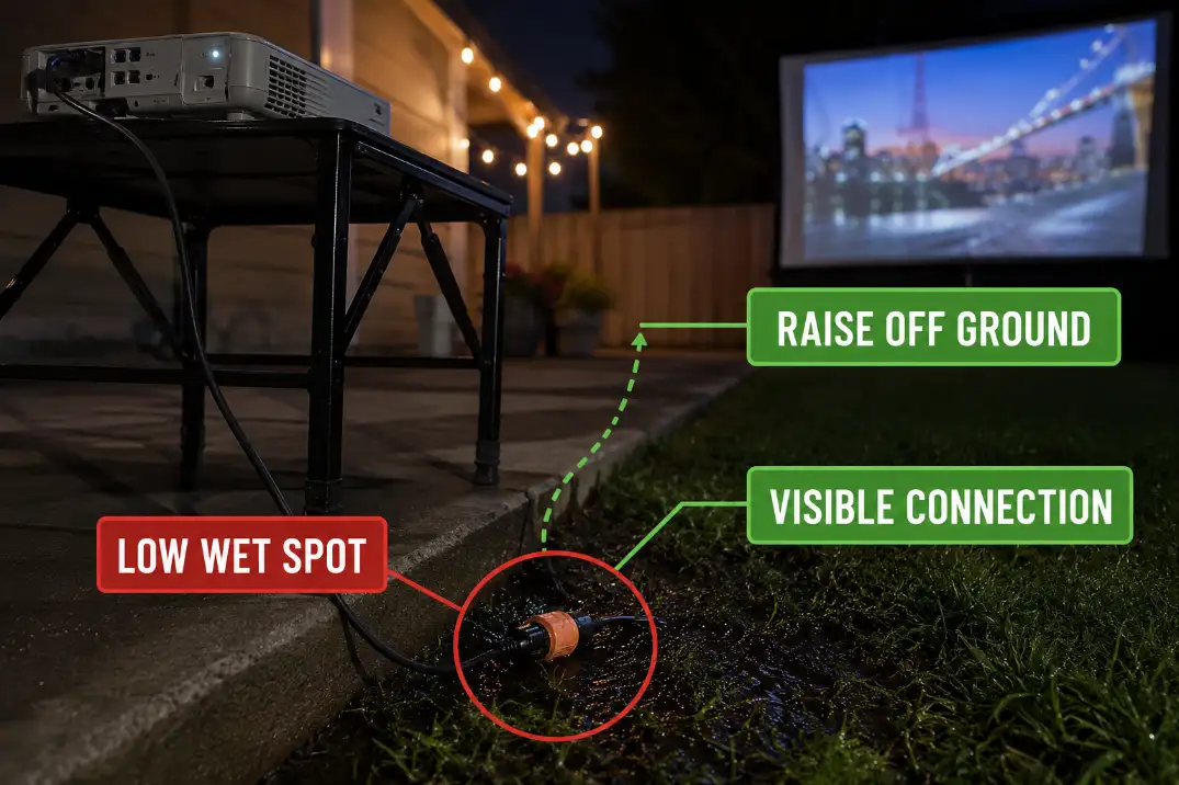 Outdoor AV extension cord connection sitting too low near damp grass with labels showing the wet spot and raised connection fix.