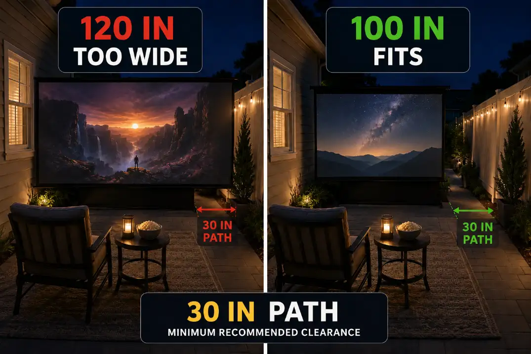 Comparison of a small patio movie setup with a 120-inch screen crowding the path versus a 100-inch screen leaving 30 inches of clearance.