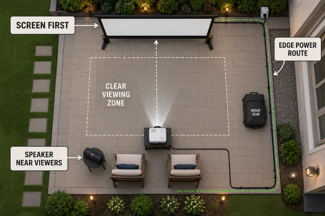 Overhead backyard movie setup diagram showing screen placement, speaker near viewers, and power cord routed along the patio edge.