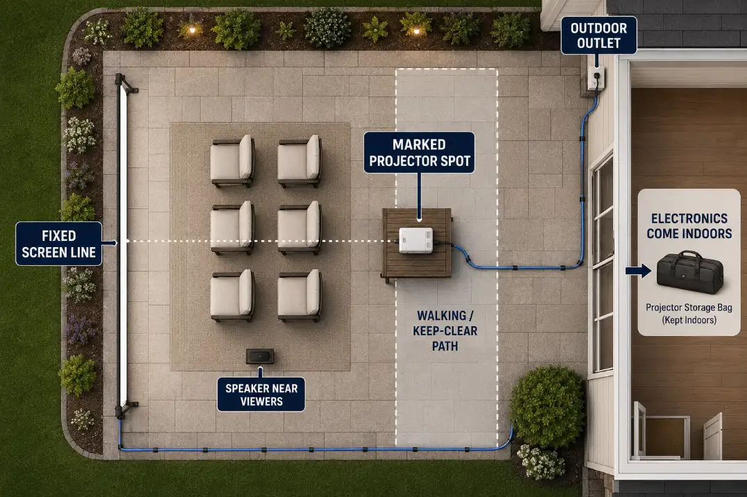 Semi-permanent backyard theater diagram showing a fixed screen line, marked projector spot, removable electronics, and edge-routed temporary power.
