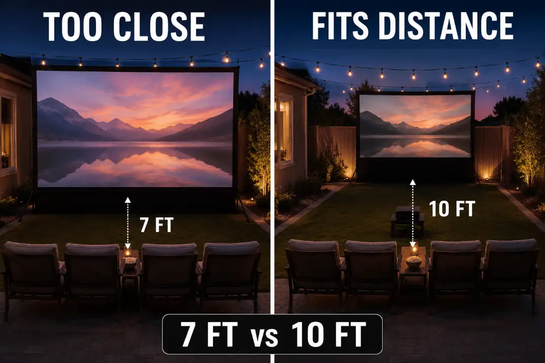 Comparison of a small backyard movie setup showing an oversized screen too close to the seats versus a smaller screen that fits the viewing distance.