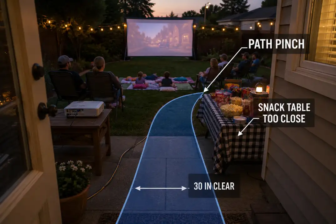 Backyard movie night path narrowed by a snack table and cord near family seating with a 30 inch clear route marked.
