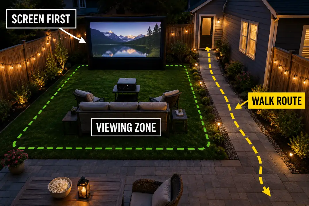 Overhead backyard movie setup showing screen placement, viewing zone, and walking route separated clearly.