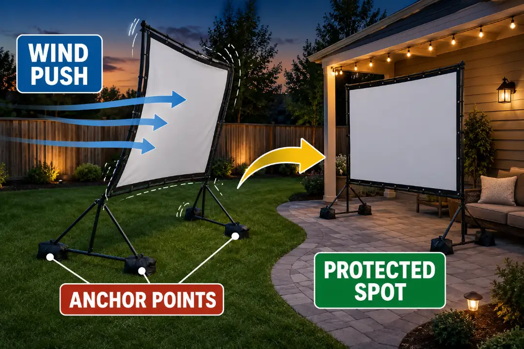 Outdoor movie screen stability diagram showing wind pushing the screen and the need for anchor points and a protected setup spot.