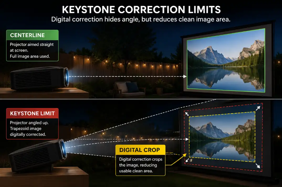 Diagram showing outdoor projector centerline placement compared with heavy keystone correction and digital crop.