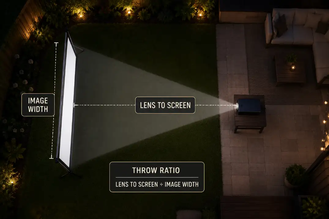 Overhead backyard projector diagram showing throw ratio as lens-to-screen distance compared with image width.