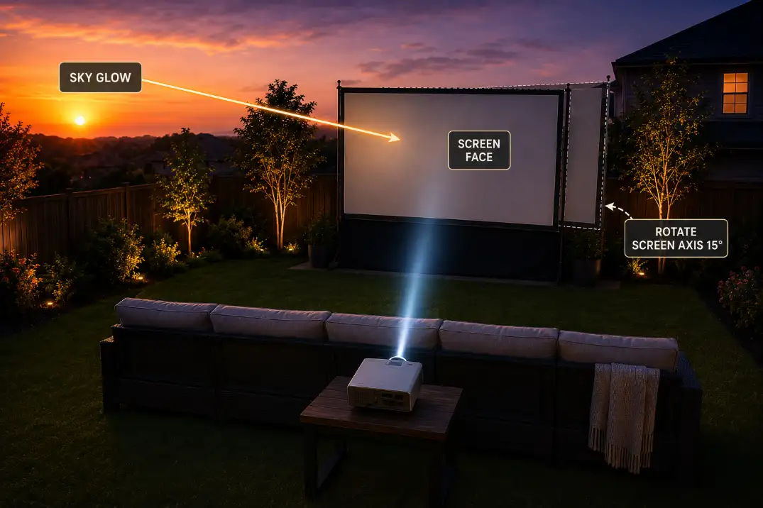 Diagram showing western sky glow hitting an outdoor projector screen and a fifteen degree screen rotation fix.