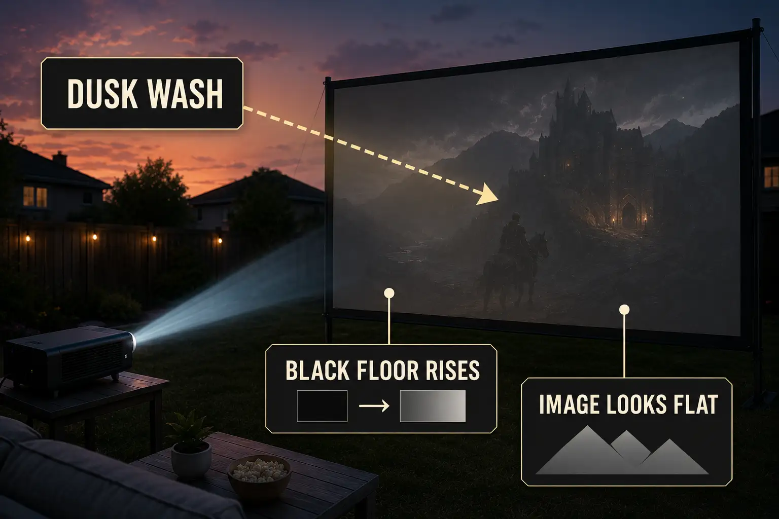 Diagram showing sky glow raising the black level on an outdoor projector screen and making the image look flat.