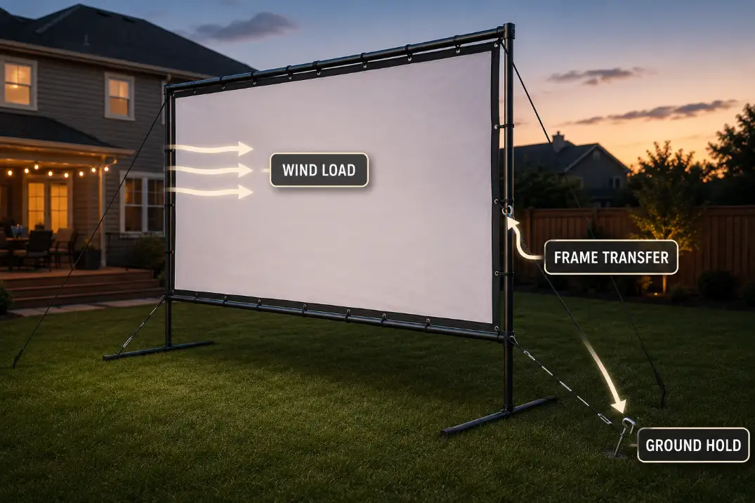 Diagram showing wind load moving from outdoor screen fabric through the frame to anchors and ground stakes.