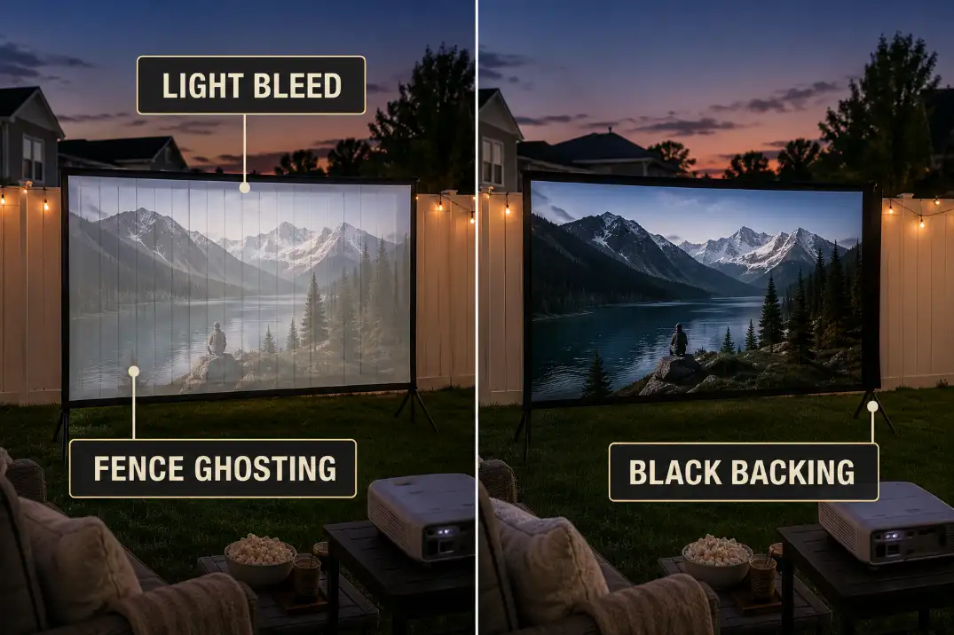 Comparison of an outdoor movie screen with rear light bleed versus a black-backed screen with better contrast.
