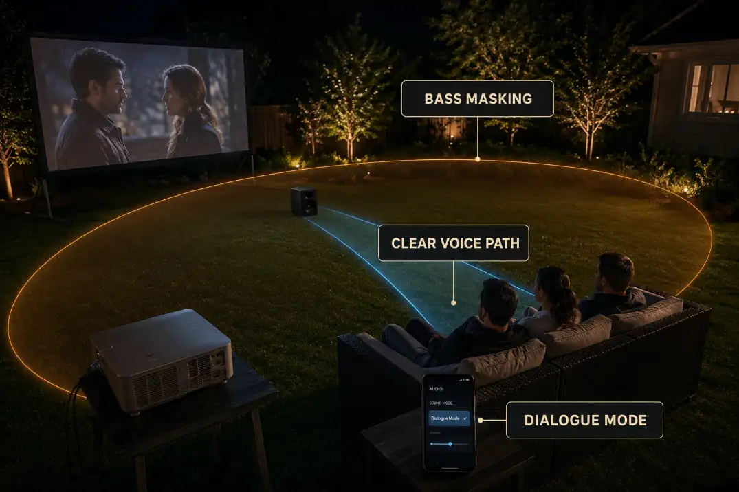 Backyard theater sound overlay showing bass masking the clear voice path while dialogue mode is selected.