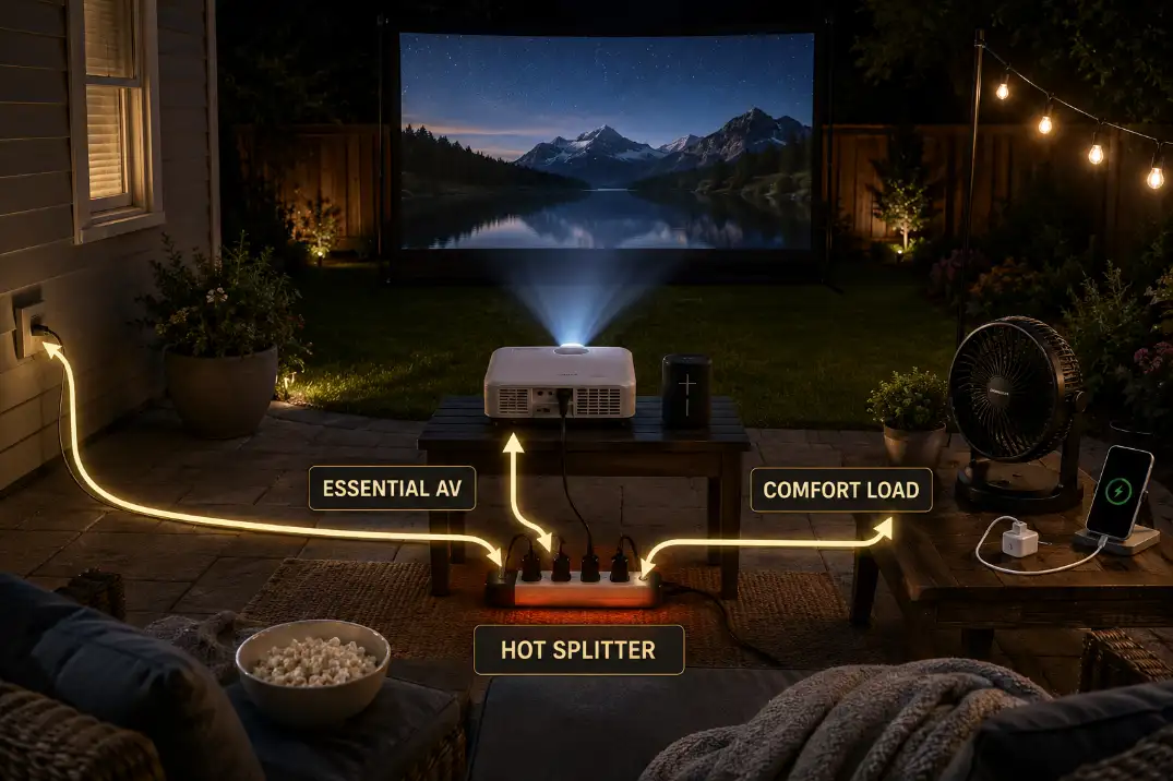 Backyard movie night power diagram showing projector gear and optional devices overloading one extension cord through a splitter.