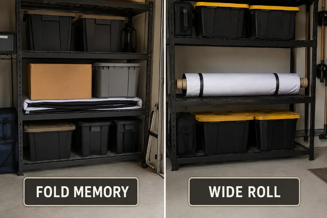 Comparison of folded outdoor projector screen storage causing creases versus wide rolled storage that protects flatness.