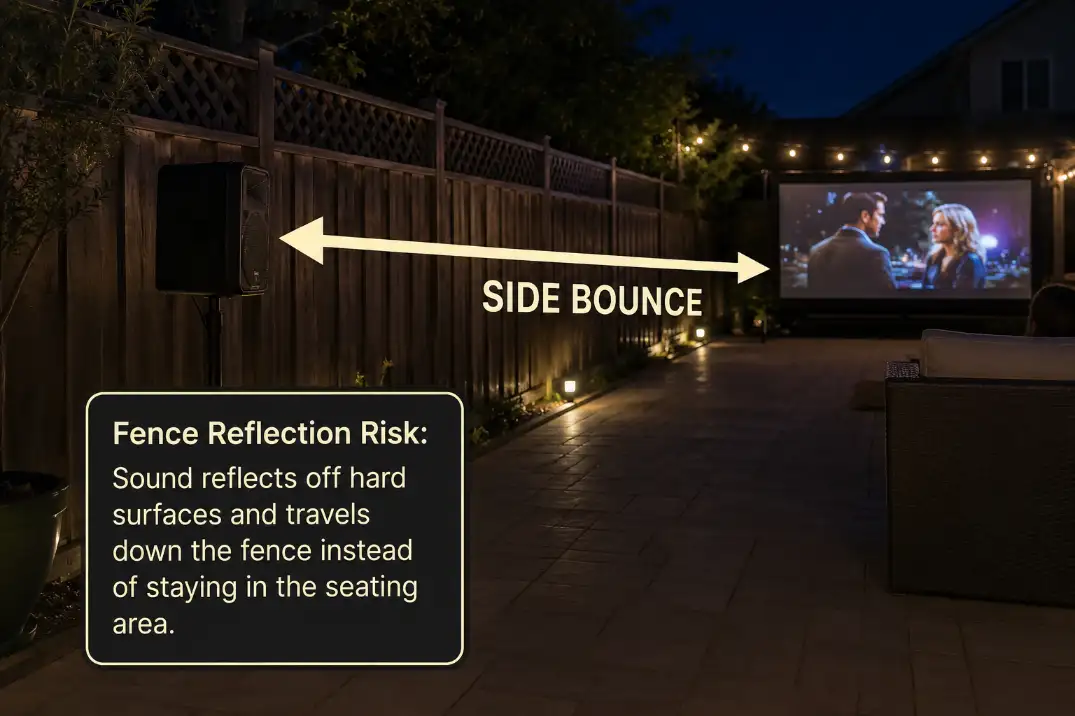 Outdoor speaker near a hard side fence with an overlay showing sound bouncing along the fence line.