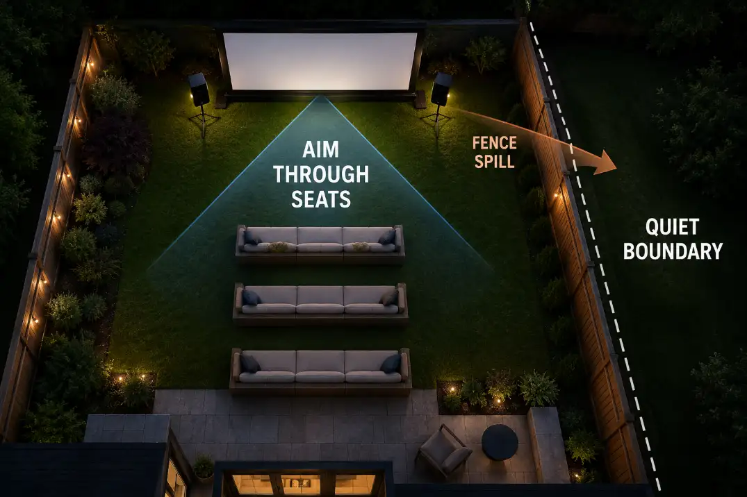 Overhead backyard theater speaker diagram showing sound aimed through seats instead of spilling into the fence line.