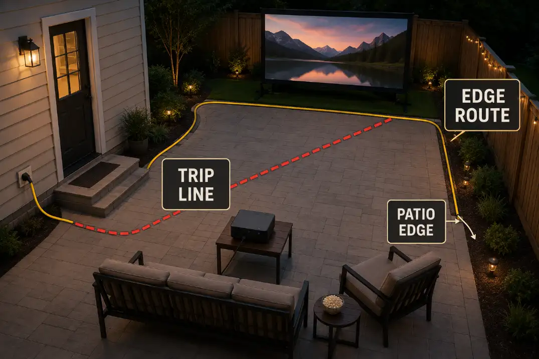 Backyard patio diagram comparing a diagonal AV cable trip line with a safer edge route along the patio and fence.