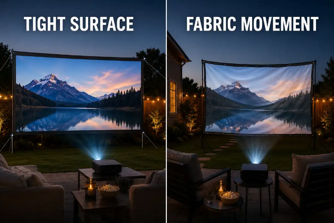 Taut fixed-frame screen compared with a portable screen showing subtle fabric movement.