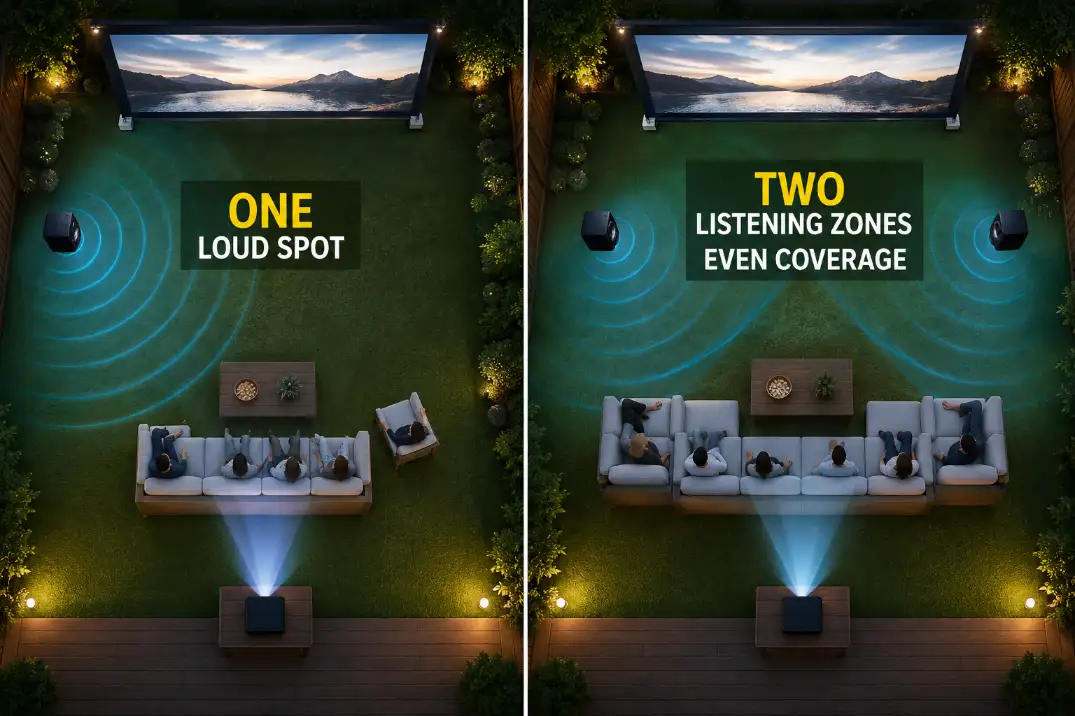 Backyard movie diagram comparing one loud speaker with two listening zones for more even outdoor sound coverage.