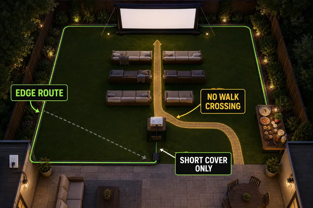 Overhead backyard projector power diagram showing a safer edge cord route that avoids crossing the main walking path.
