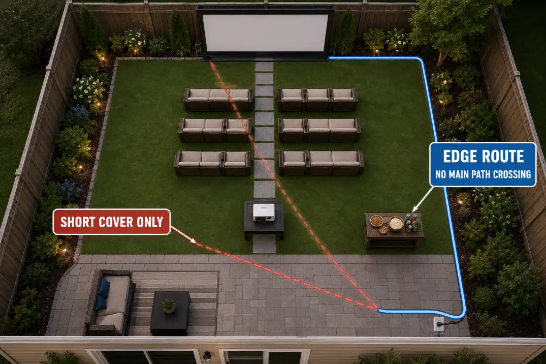 Overhead backyard AV cable route diagram showing a safer edge route instead of a diagonal cord crossing the main patio path.