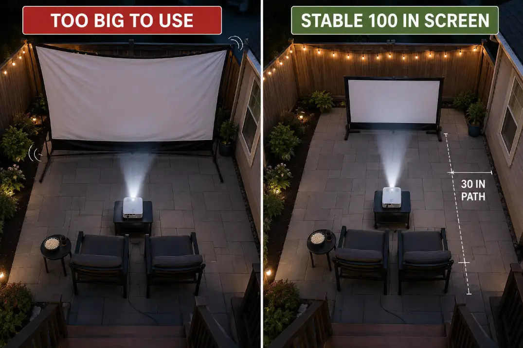 Backyard movie setup comparison showing an oversized unstable screen crowding the patio versus a stable 100-inch screen with clear walking space.