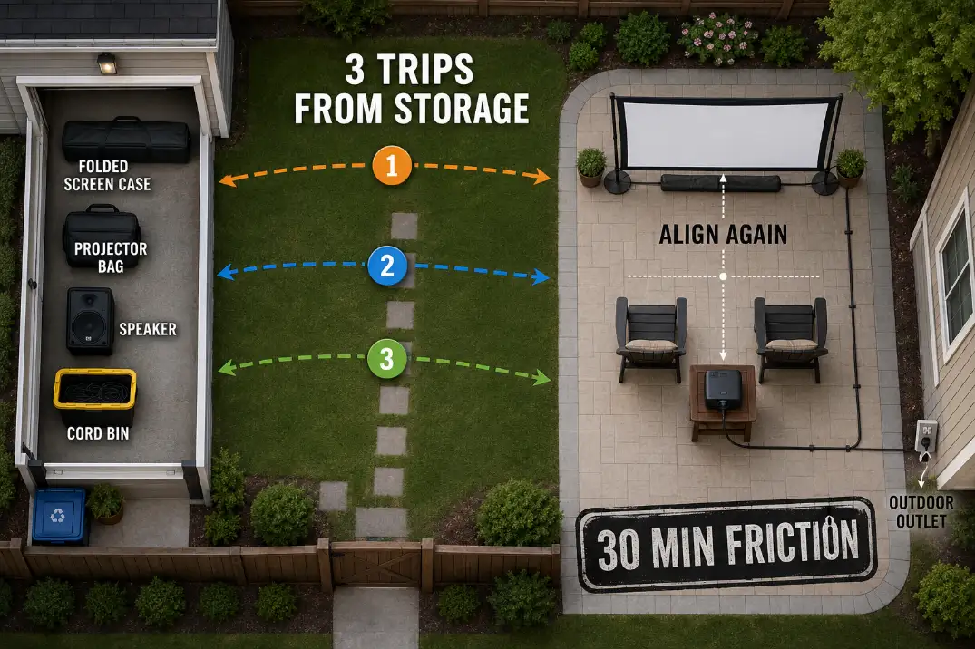 Overhead diagram showing portable backyard theater setup friction with multiple storage trips, repeated projector alignment, and a 30 minute setup path.