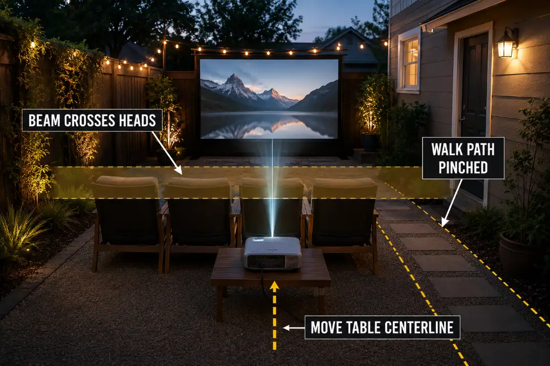 Backyard movie setup showing a projector beam crossing the seated head-height zone, with a pinched walking path beside the chairs.