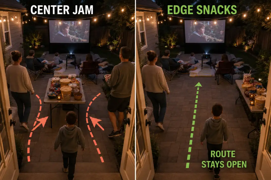 Family backyard movie night snack table blocking the center route compared with the table moved to the patio edge.