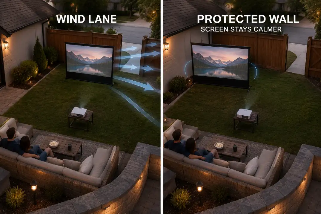 Comparison of a backyard theater screen in an exposed wind lane versus a calmer protected wall position.