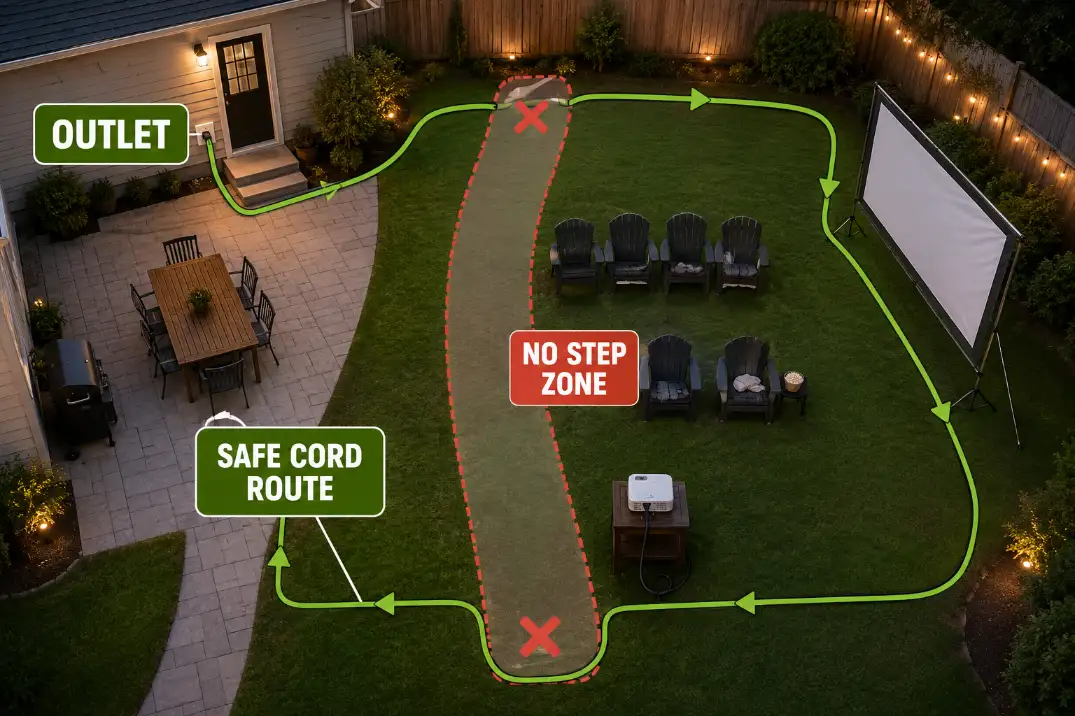 Backyard movie night cable route diagram showing a safe extension cord path around seating and walking areas.