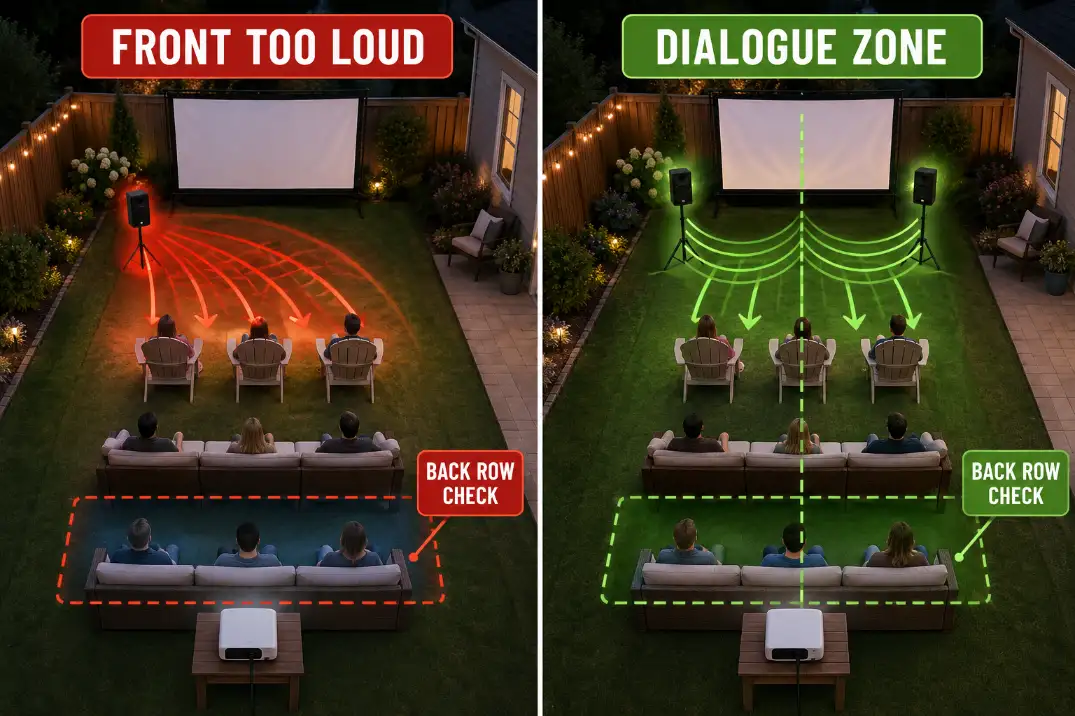 Overhead backyard movie sound diagram showing front-row-heavy sound and the corrected dialogue coverage zone for all seats.