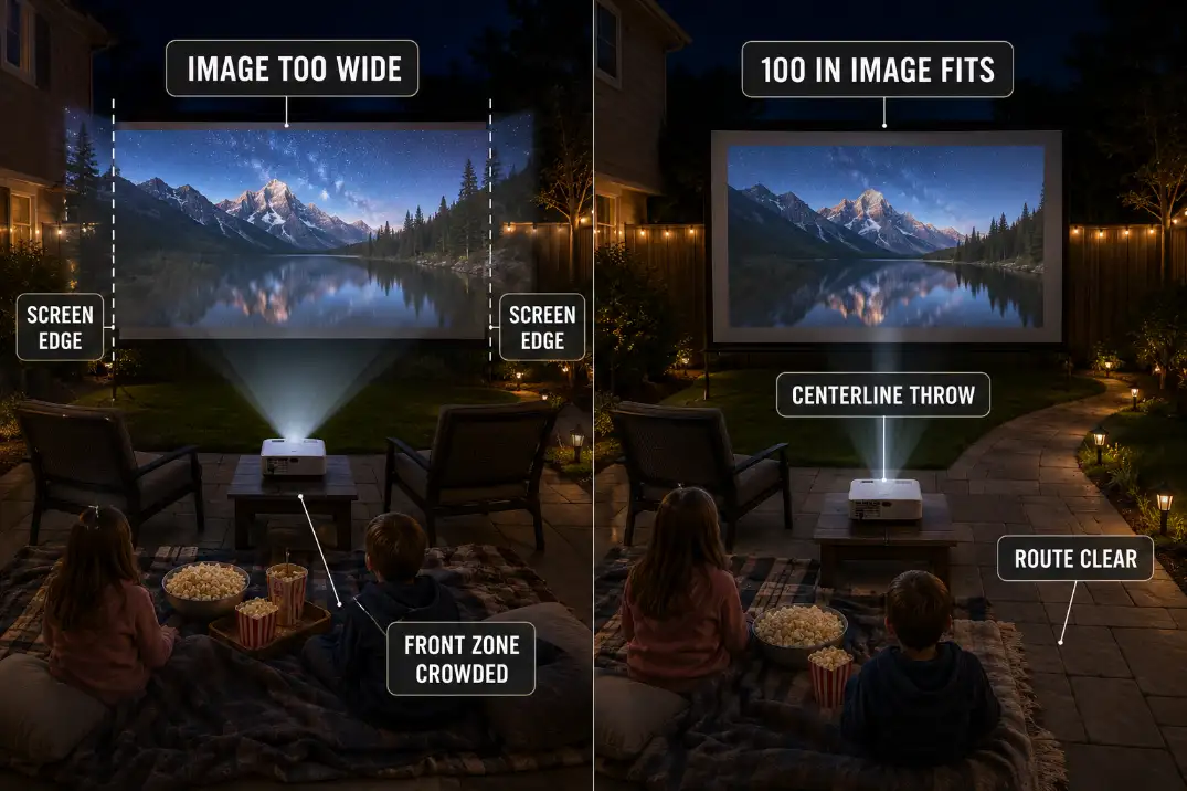 Comparison of an oversized short throw backyard projector image spilling past the screen with a crowded front zone versus a clear controlled setup.