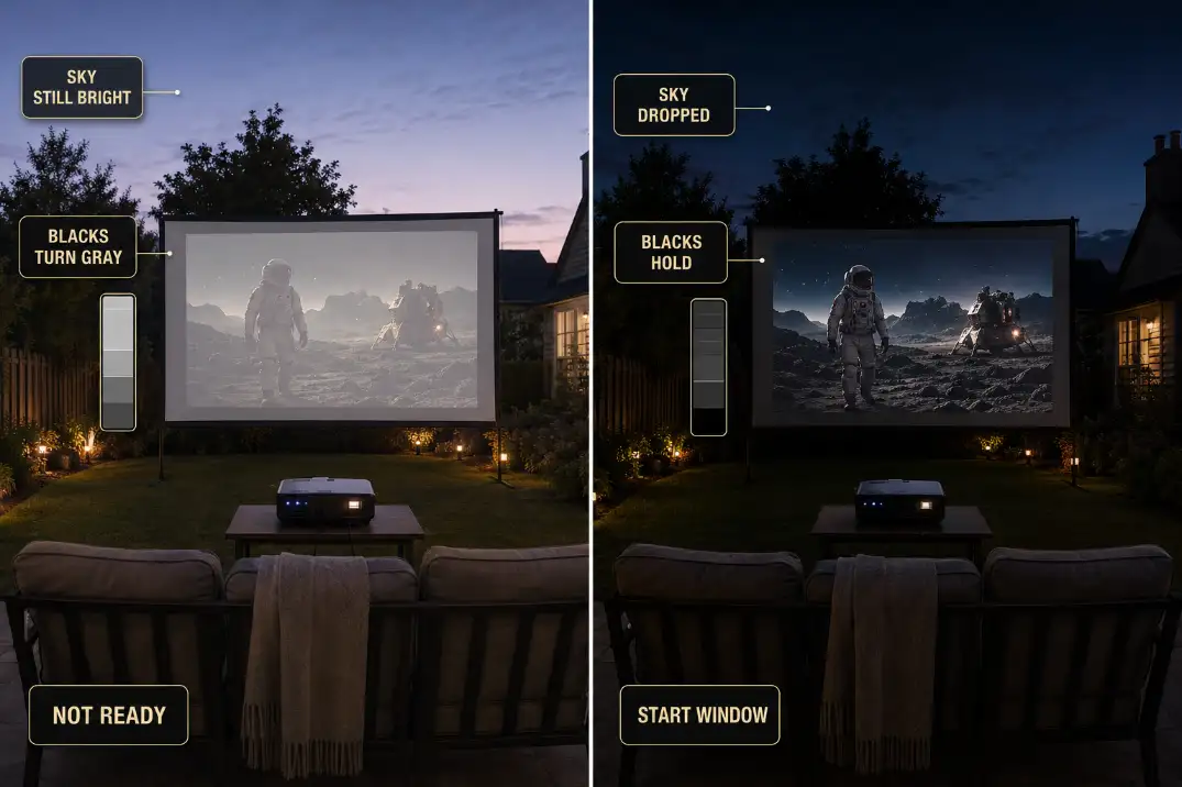 Comparison of the same backyard projector screen ten minutes and thirty five minutes after sunset showing improved contrast later.