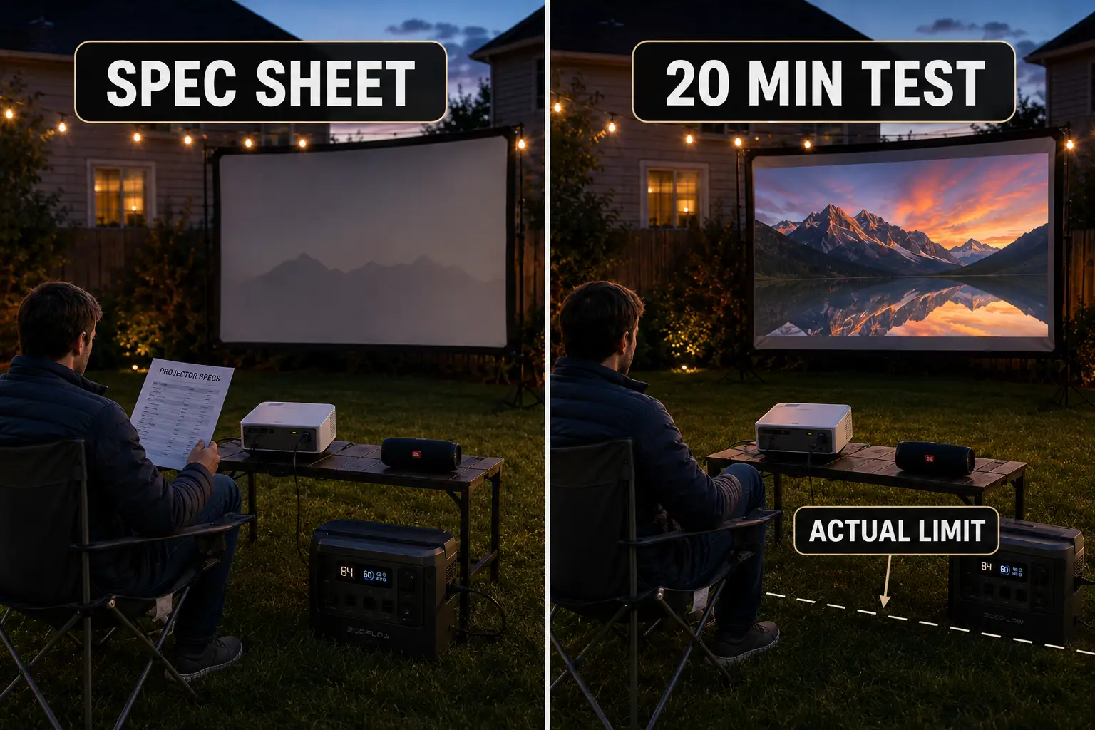 Comparison of checking projector specs on paper versus running a 20-minute backyard setup test with screen, sound, and battery.