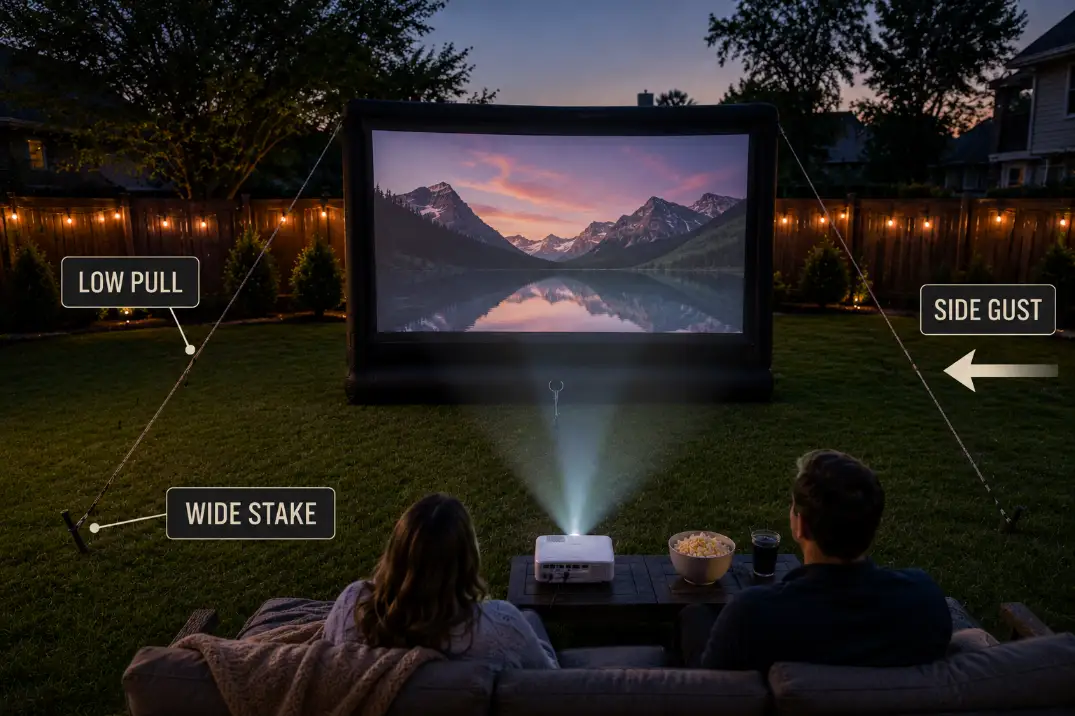 Outdoor movie screen with low wide anchor lines resisting side gusts in a backyard setup.