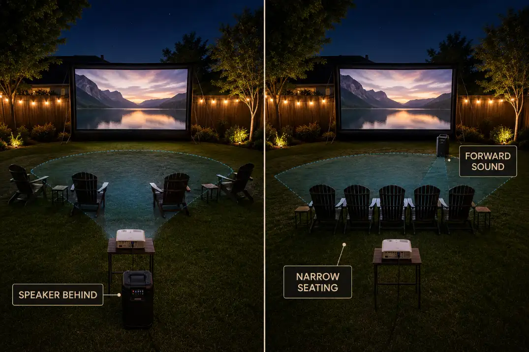 Before and after backyard movie setup showing a speaker moved from behind the seats to the screen side for clearer dialogue.
