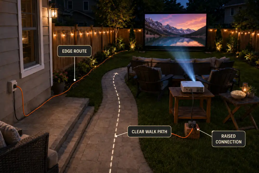 Backyard movie night diagram showing an extension cord routed along the patio edge with a raised connection and clear walking path.