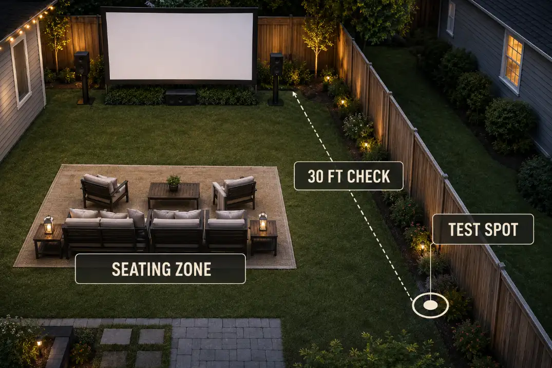 Backyard movie sound check diagram showing a test spot near the fence about 30 feet from the speakers.