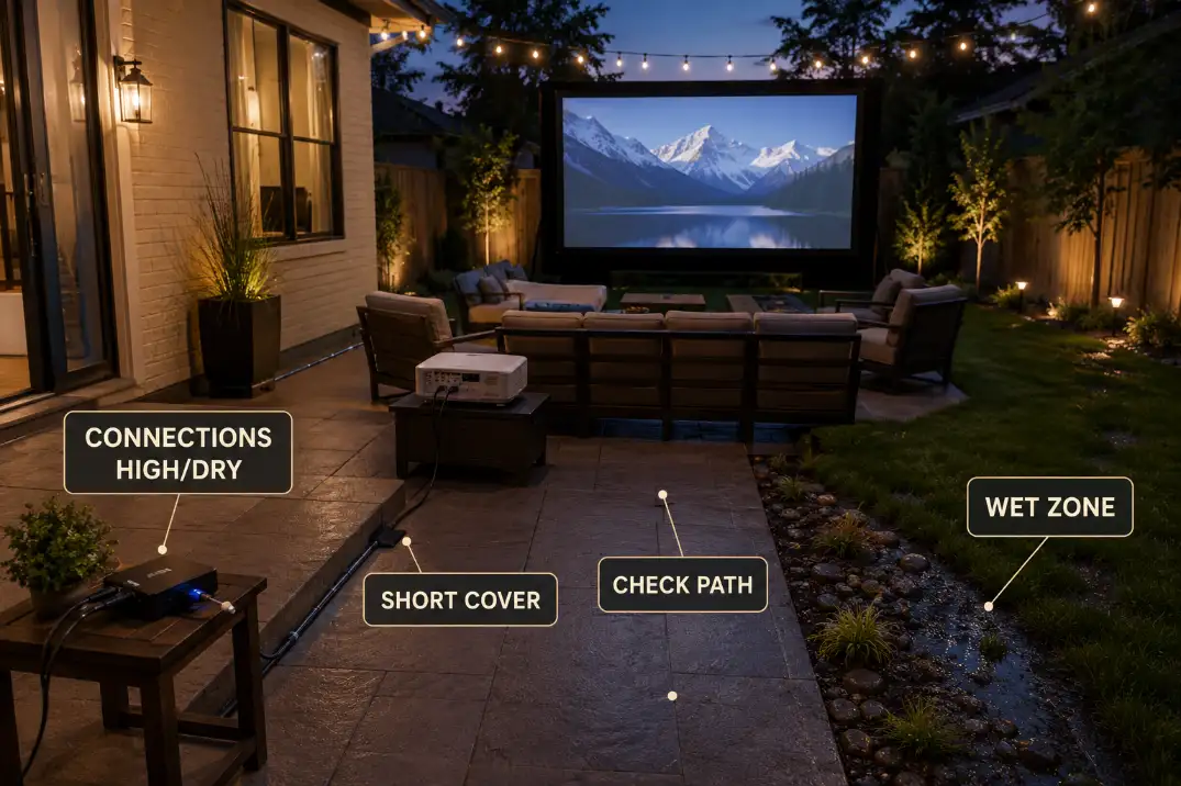 Backyard movie cable route showing a short covered crossing, wet-zone separation, and elevated dry AV connections.
