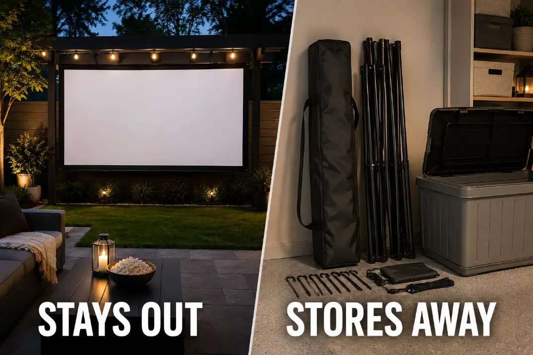 Fixed screen left in place compared with portable screen parts stored after movie night.