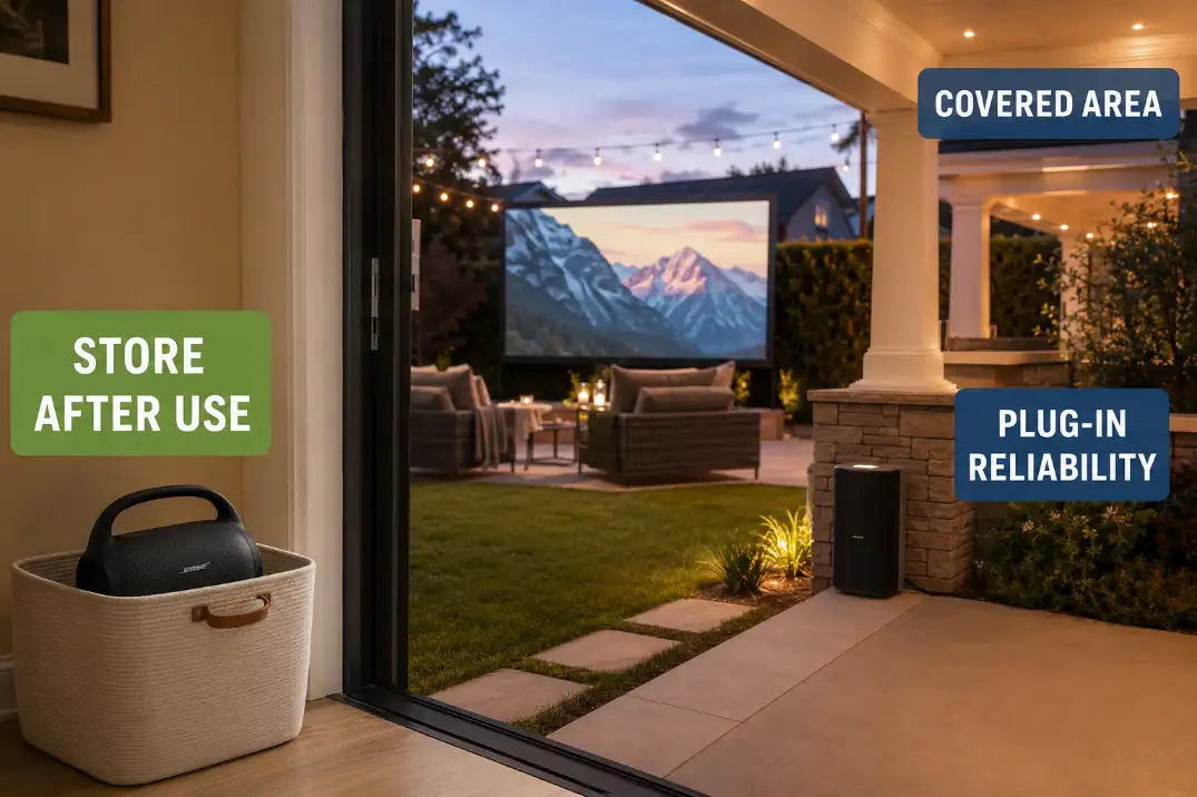 Portable Bluetooth speaker storage compared with a covered plug-in outdoor speaker setup for backyard movies.