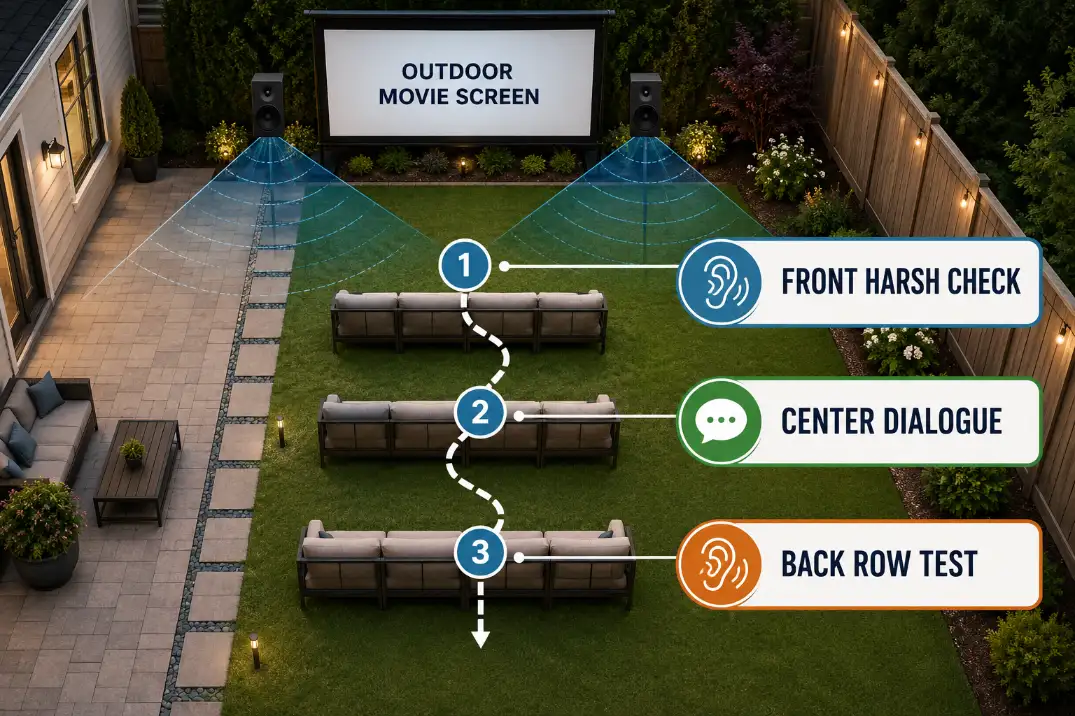 Backyard theater sound test diagram showing front row, center dialogue, and back row speaker checks.