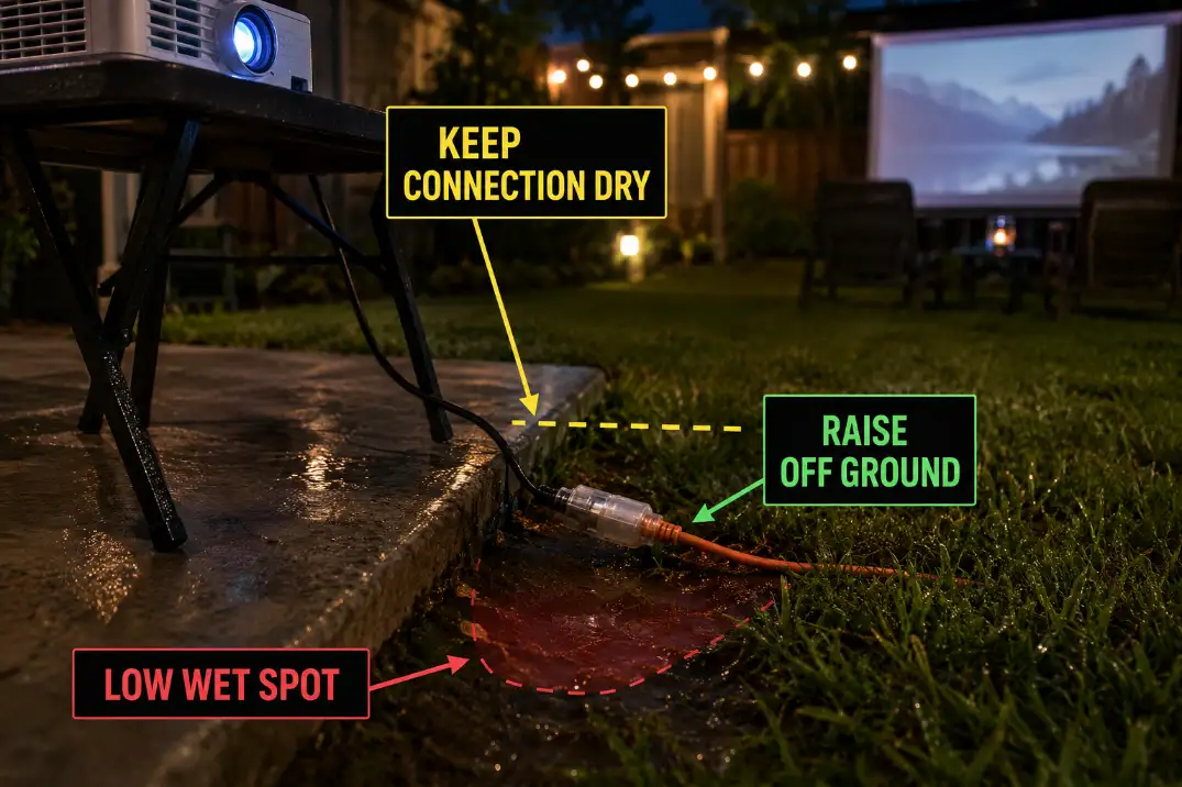 Outdoor projector extension cord connection near damp grass showing why plug connections should stay dry, visible, and off low ground.