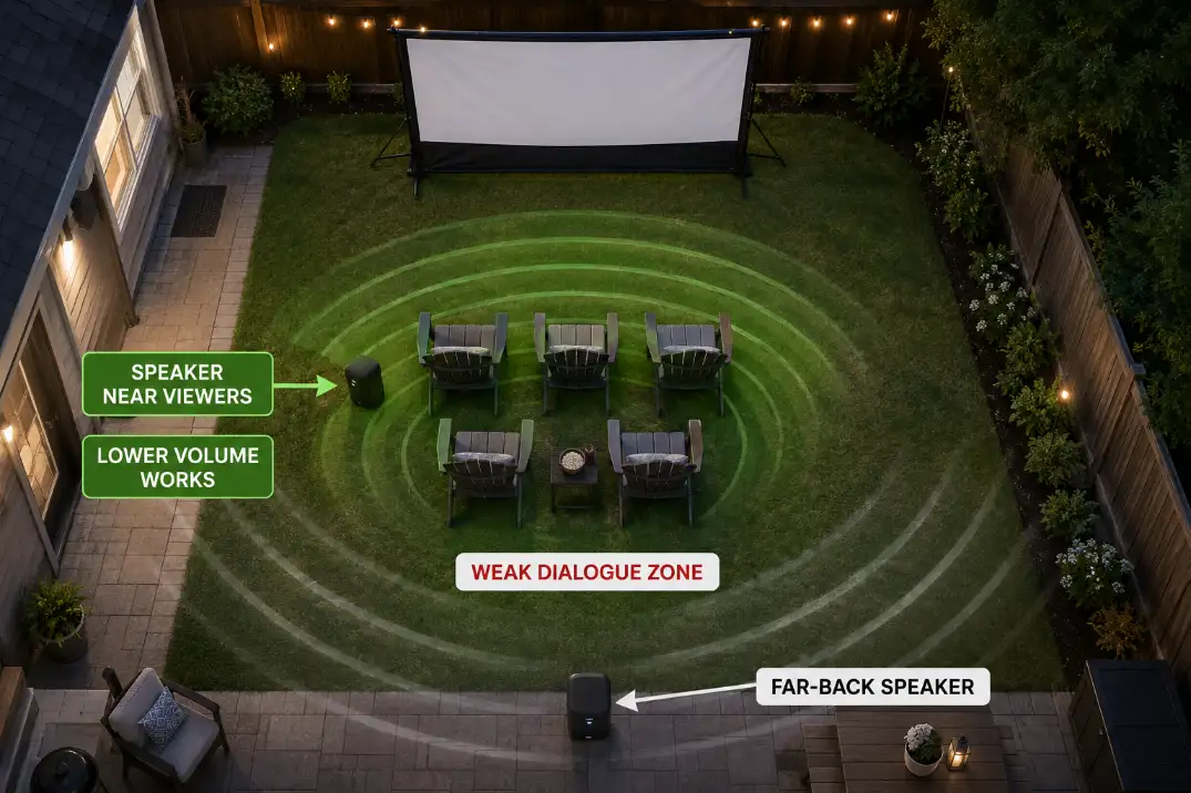 Backyard movie speaker placement diagram showing weak dialogue coverage from a far speaker and improved sound near the seating area.