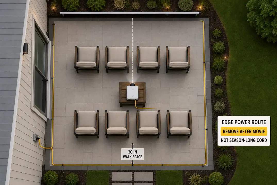 Overhead backyard theater power diagram showing an edge-routed temporary cord removed after movie night instead of a season-long cord across the patio.